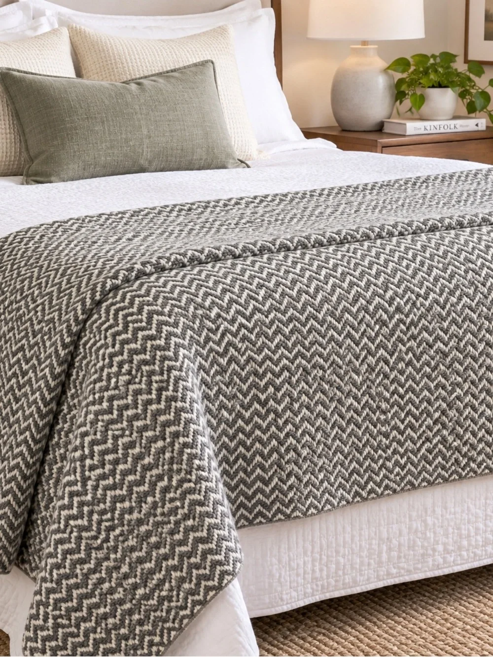 Threshold 100% Organic Cotton Full Queen Herringbone Blanket 88x82 Gray/White